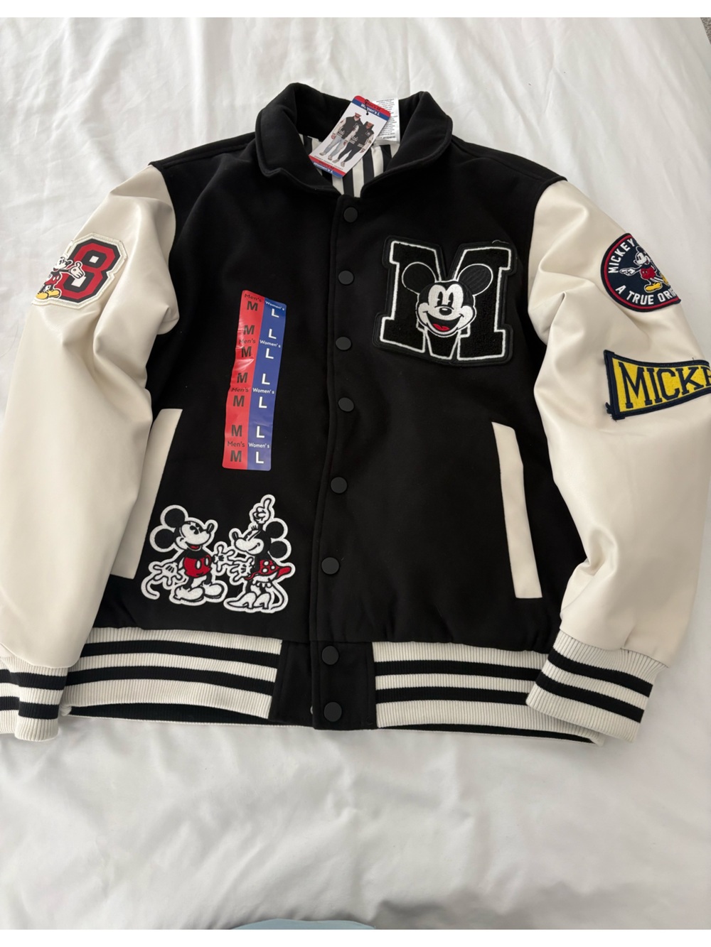 Costco Disney Black and Cream Mickey Mouse Varsity Jacket